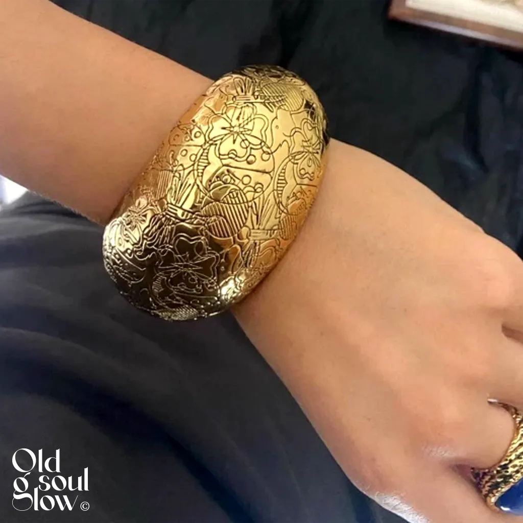 Women’s Vintage Aurelie Bidermann Gold-Plated Flower Carved Open Bracelet, view 2