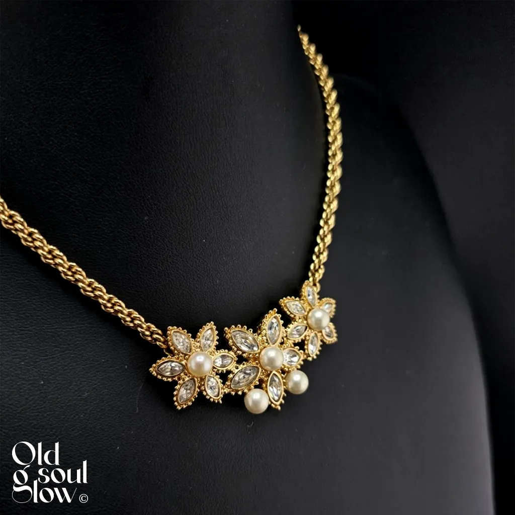 Vintage Christian Dior Gold Pearl & Crystal Floral Necklace, view 2