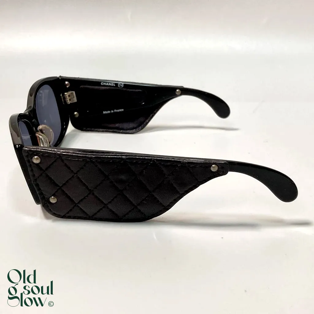 Black Leather-Accented Statement Sunglasses by Chanel, view 3