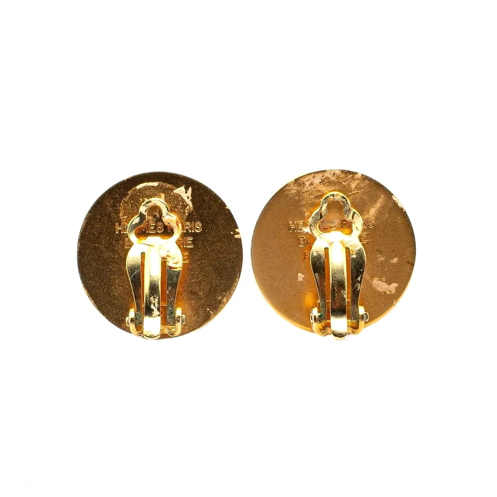 Gold-Tone Signature Medallion Clip Earrings by Hermès, view 2