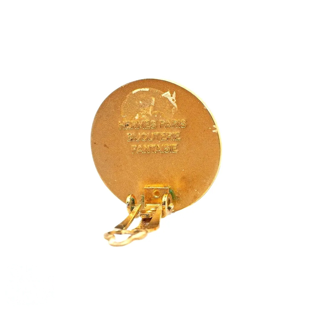 Gold-Tone Signature Medallion Clip Earrings by Hermès, view 3