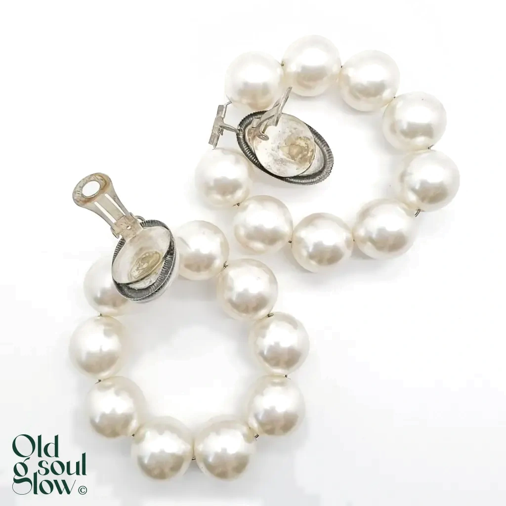 Oversized Vintage Hoop Earrings with Mabé Pearl Accent, view 2