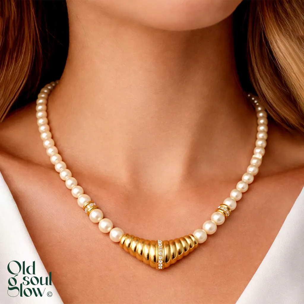 Pearl & Crystal Collar Necklace in Gold Tone by Christian Dior, view 4