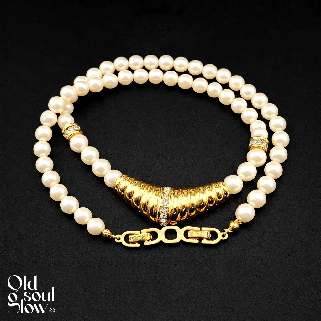 Pearl & Crystal Collar Necklace in Gold Tone by Christian Dior, view 2