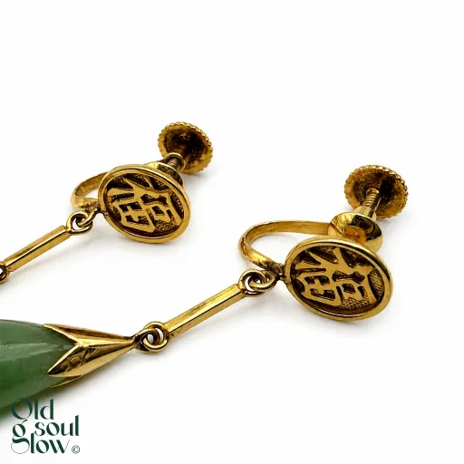 Vintage 14K Gold Jadeite Drop Earrings, view 2