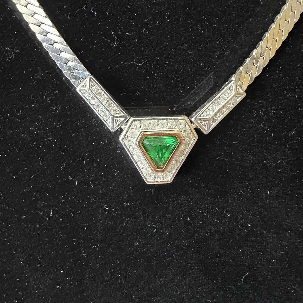 Christian Dior Vintage Triangle Green Crystal Necklace, Silver Tone, view 3