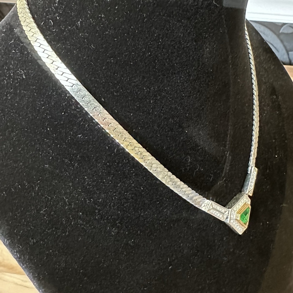 Christian Dior Vintage Triangle Green Crystal Necklace, Silver Tone, view 4