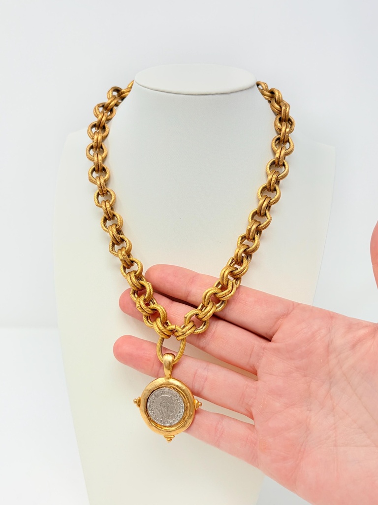 Susan Shaw Vintage Faux Ancient Roman Coin Pendant Necklace, Matte Gold, view 2