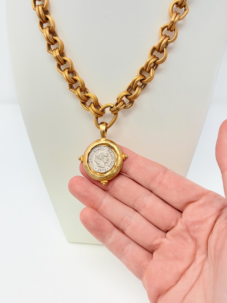 Susan Shaw Vintage Faux Ancient Roman Coin Pendant Necklace, Matte Gold, view 3