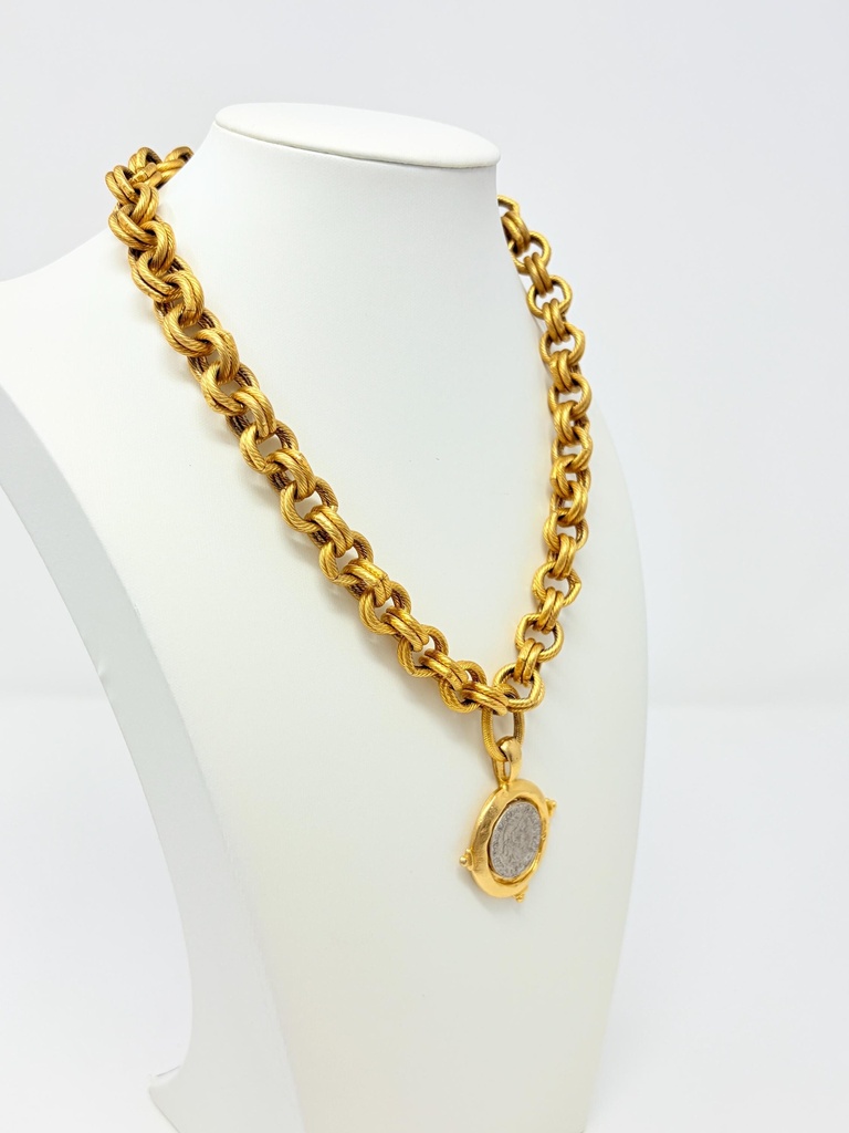 Susan Shaw Vintage Faux Ancient Roman Coin Pendant Necklace, Matte Gold, view 4