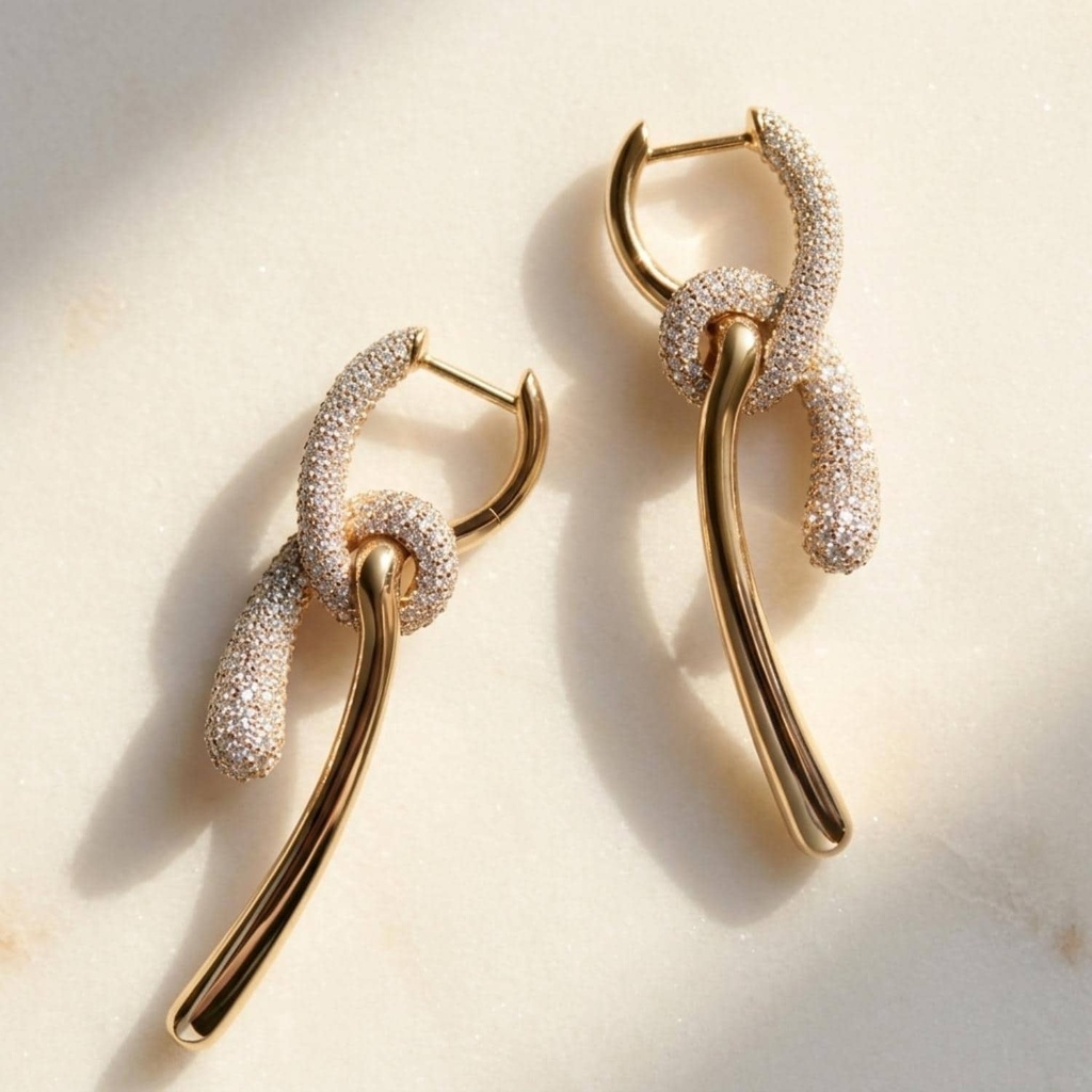Gold Crystal Knot Drop Earrings, view 2