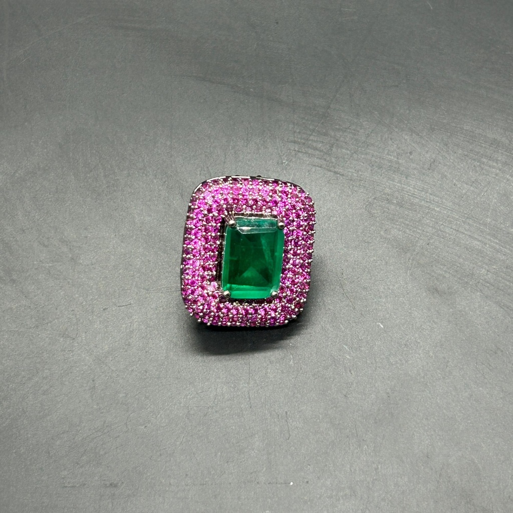 Emerald-Cut Green Stone and Pink Pavé Stud Earrings, Brass, view 2