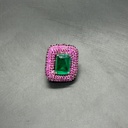 Emerald-Cut Green Stone and Pink Pavé Stud Earrings, Brass, view 2