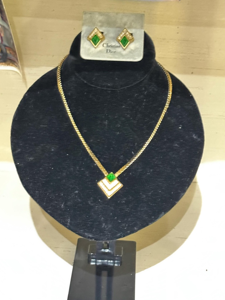 Christian Dior Vintage Green Glass and Rhinestone Necklace and Clip-On Earrings Set, view 2