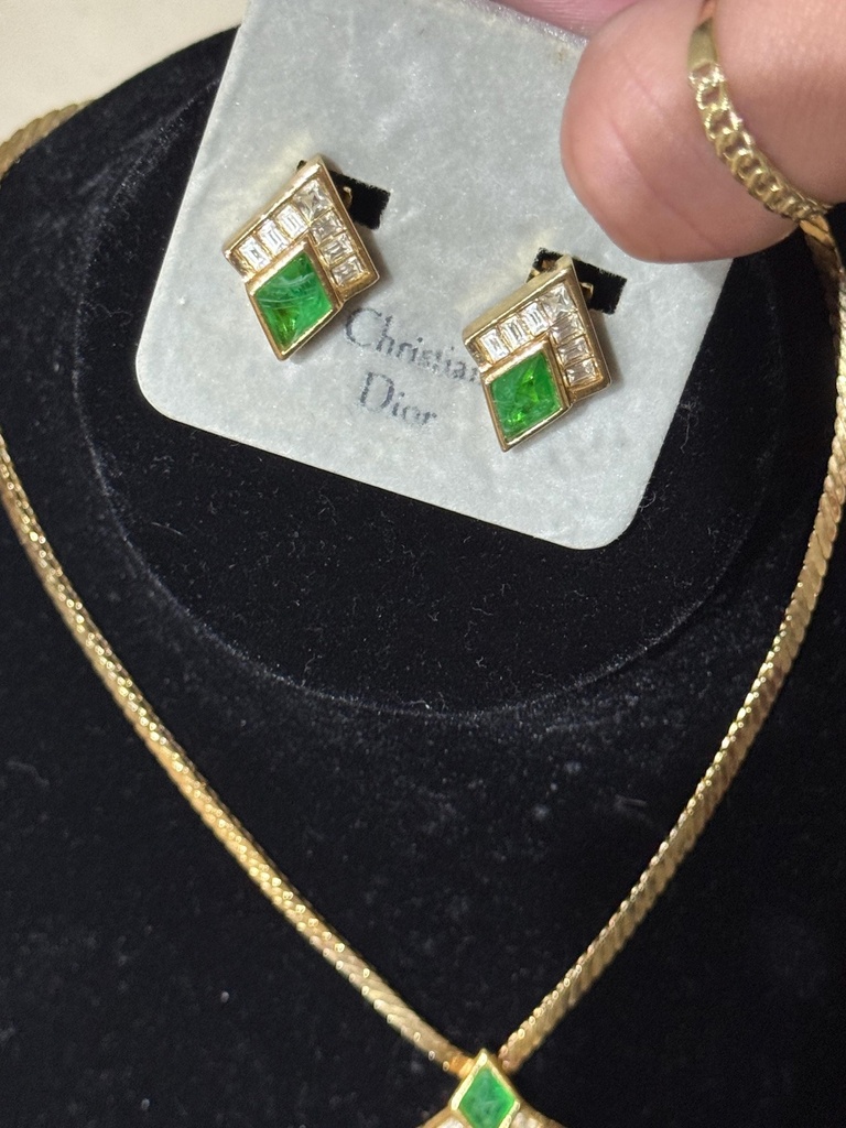 Christian Dior Vintage Green Glass and Rhinestone Necklace and Clip-On Earrings Set, view 4