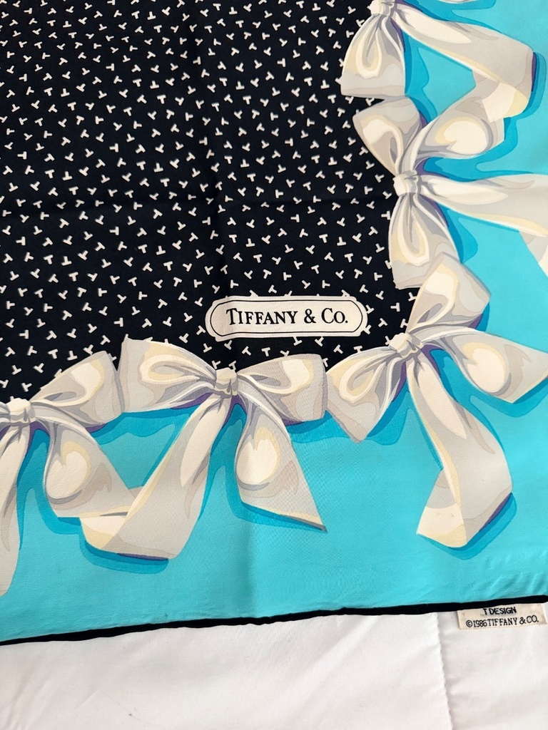 Tiffany & Co. Vintage Silk Scarf with Bow Design, Turquoise and Black, view 2