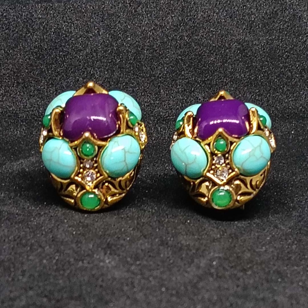 Vintage Faux Turquoise and Purple Cabochon Statement Earrings, Gold Tone, view 2