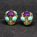 Vintage Faux Turquoise and Purple Cabochon Statement Earrings, Gold Tone, view 2