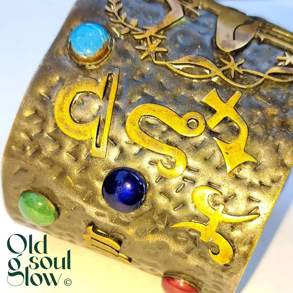 Zodiac Vintage Virgo Brass and Enamel Cuff Bracelet, view 2