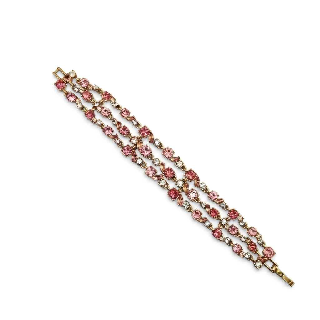 Vintage-Inspired Pink Crystal Three-Strand Necklace, Bracelet and Earrings Set, Gold Tone, view 2