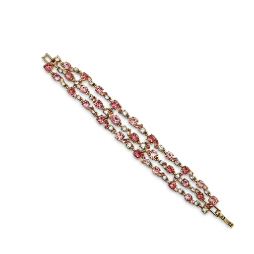 Vintage-Inspired Pink Crystal Three-Strand Necklace, Bracelet and Earrings Set, Gold Tone, view 2
