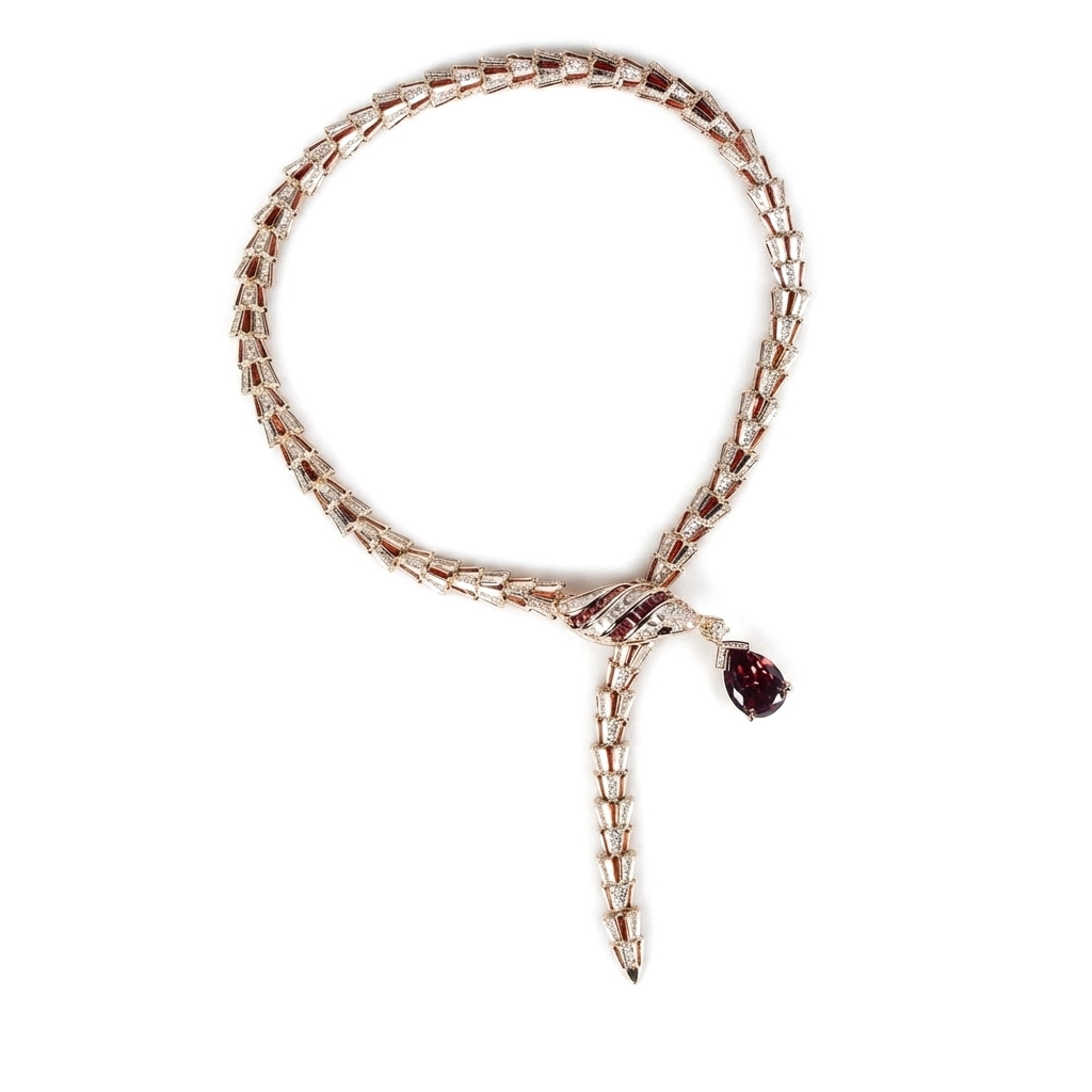 Vintage-Inspired Crystal Snake Necklace and Earrings Set with Deep Red Teardrop Stones, Gold Tone, view 2