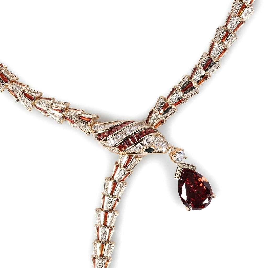 Vintage-Inspired Crystal Snake Necklace and Earrings Set with Deep Red Teardrop Stones, Gold Tone, view 4