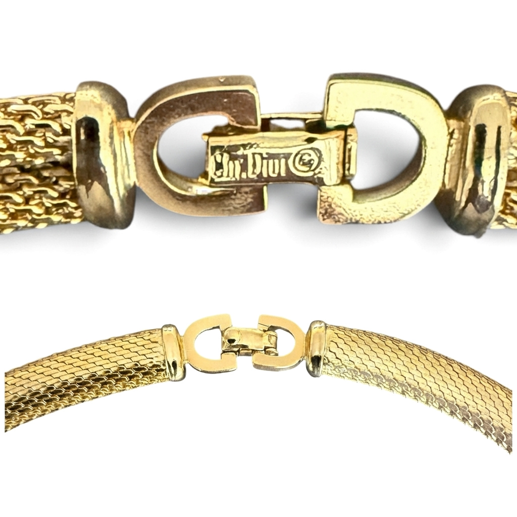 Christian Dior Vintage Blue and Clear Crystal Mesh Choker and Clip Earrings Set, Gold Tone, view 3