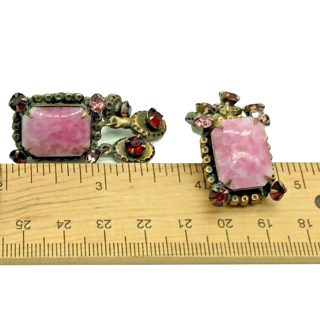 Vintage Pink Mottled Glass and Red Rhinestone Drop Clip Earrings, Attributed to Christian Dior by Kramer, view 3