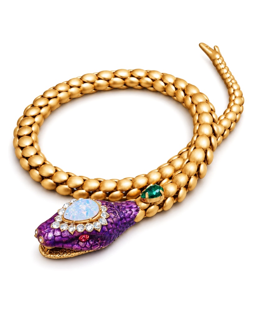 Vintage-Inspired Handmade Snake Choker and Wrap Ring Set with Purple Enamel, Antiqued Gold-Plated Brass, view 2
