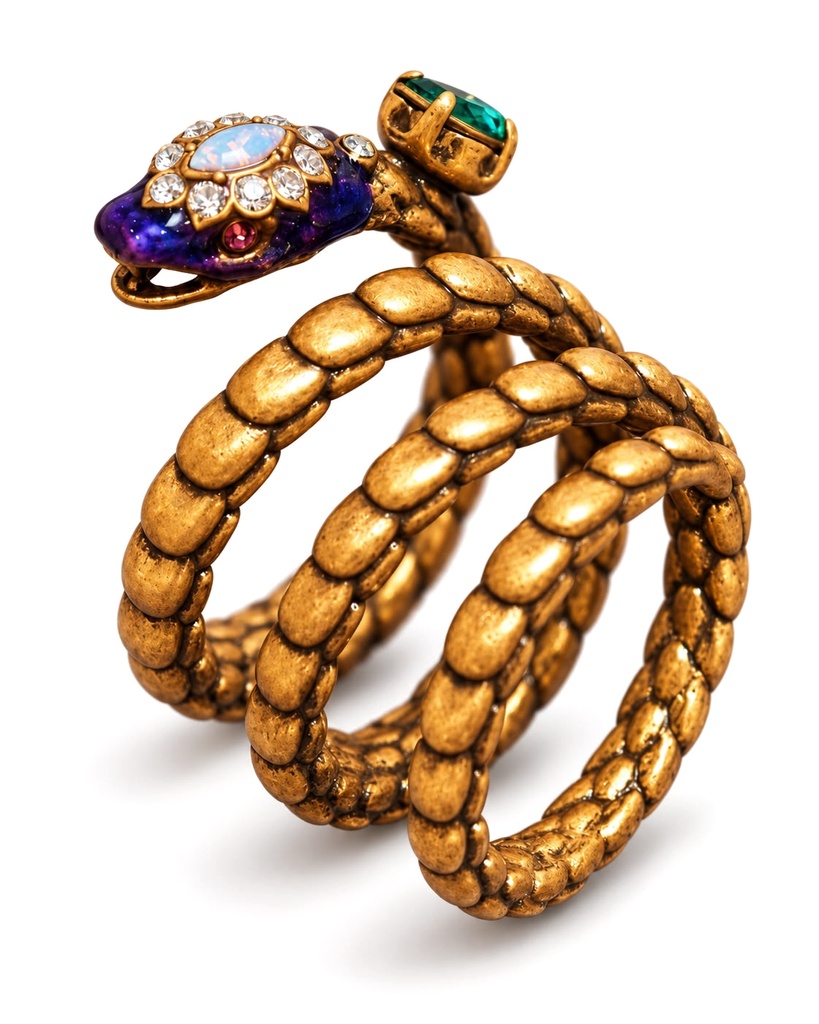 Vintage-Inspired Handmade Snake Choker and Wrap Ring Set with Purple Enamel, Antiqued Gold-Plated Brass, view 3