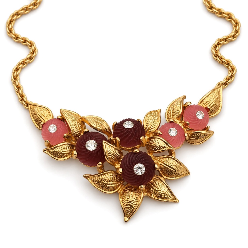 Christian Dior Vintage Floral Necklace with Pink and Burgundy Glass and Rhinestones, Gold Tone, view 2