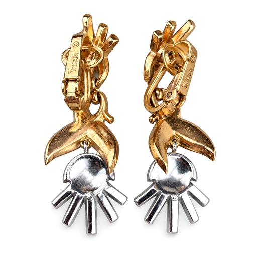 Trifari Vintage Blue Baguette Rhinestone Thistle Drop Clip Earrings, Gold Tone, view 2