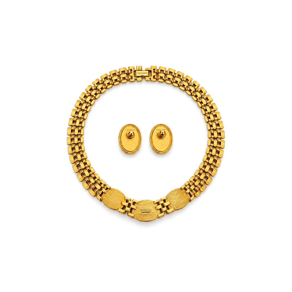 Trifari Vintage Gold-Tone Collar Necklace and Pierced Earrings Set with Coloured Cabochons, view 2