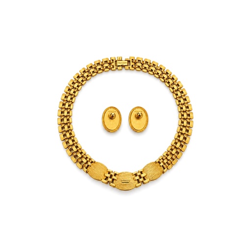 Trifari Vintage Gold-Tone Collar Necklace and Pierced Earrings Set with Coloured Cabochons, view 2