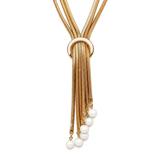 Hobé Vintage Gold-Tone Snake Chain Tassel Necklace with White Glass Beads, view 2