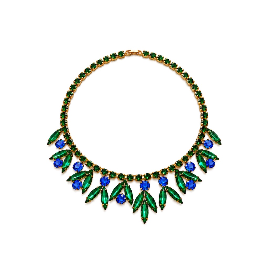 Vintage Green and Blue Marquise Rhinestone Necklace and Clip Earrings Set, Attributed to Juliana D&E, view 2