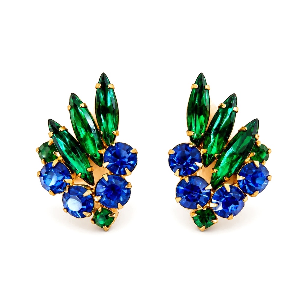 Vintage Green and Blue Marquise Rhinestone Necklace and Clip Earrings Set, Attributed to Juliana D&E, view 3