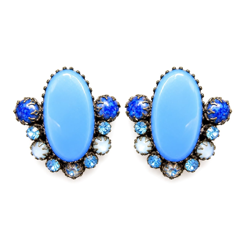 Schreiner Vintage 1960s Blue Glass and Rhinestone Clip Earrings, view 2