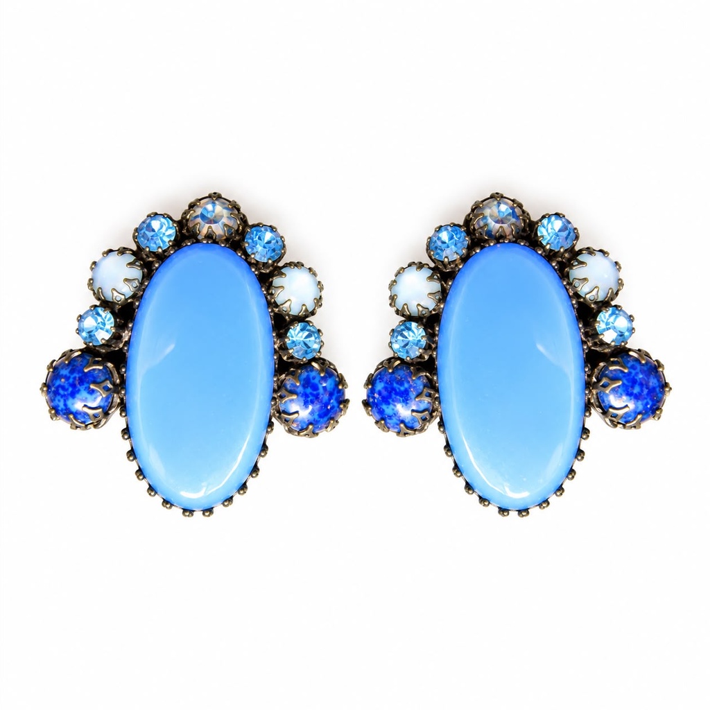 Schreiner Vintage 1960s Blue Glass and Rhinestone Clip Earrings, view 2