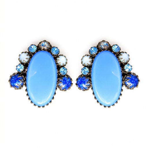 Schreiner Vintage 1960s Blue Glass and Rhinestone Clip Earrings, view 2