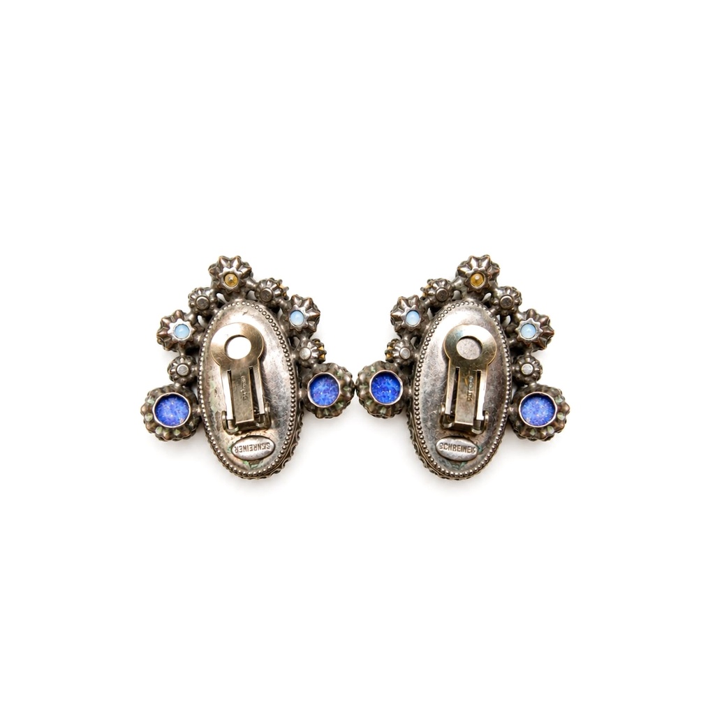 Schreiner Vintage 1960s Blue Glass and Rhinestone Clip Earrings, view 3