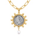 Vintage-Inspired Susan Shaw Franc Coin and Freshwater Pearl Paperclip Chain Necklace, 24K Gold Plated, view 2