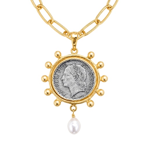 Vintage-Inspired Susan Shaw Franc Coin and Freshwater Pearl Paperclip Chain Necklace, 24K Gold Plated, view 2