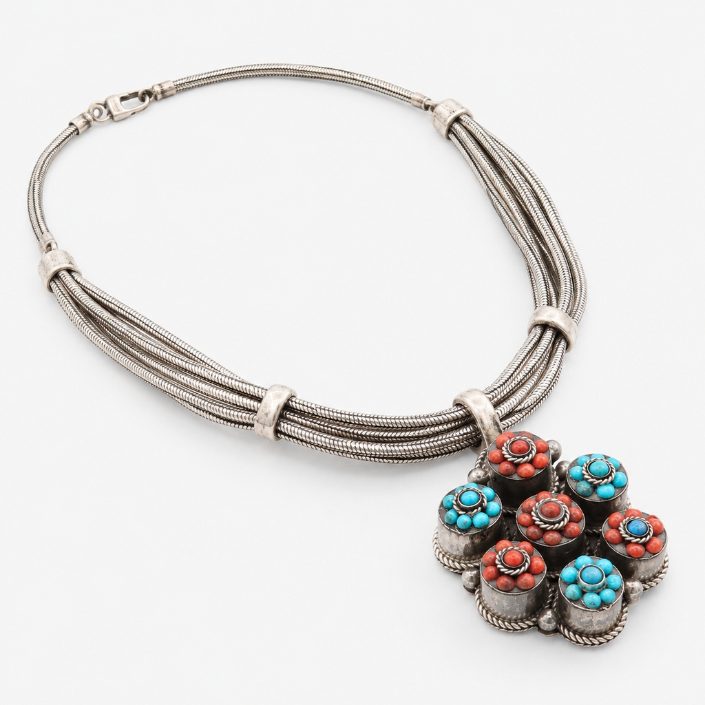 Vintage Sterling Silver Turquoise and Coral Pendant Multi-Strand Necklace, view 2