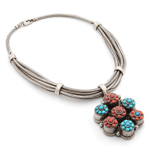 Vintage Sterling Silver Turquoise and Coral Pendant Multi-Strand Necklace, view 2