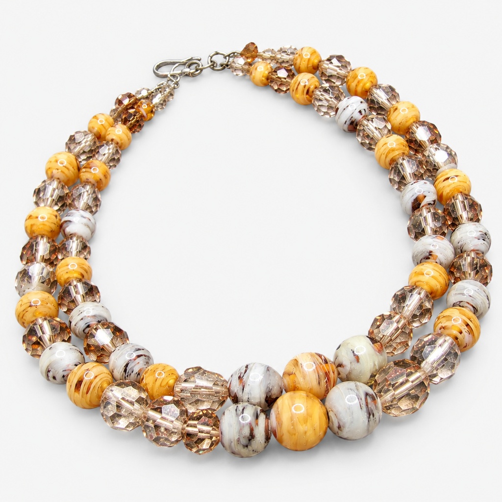 Vintage Marbled Art Glass and Crystal Bead Necklace, Unsigned, view 2