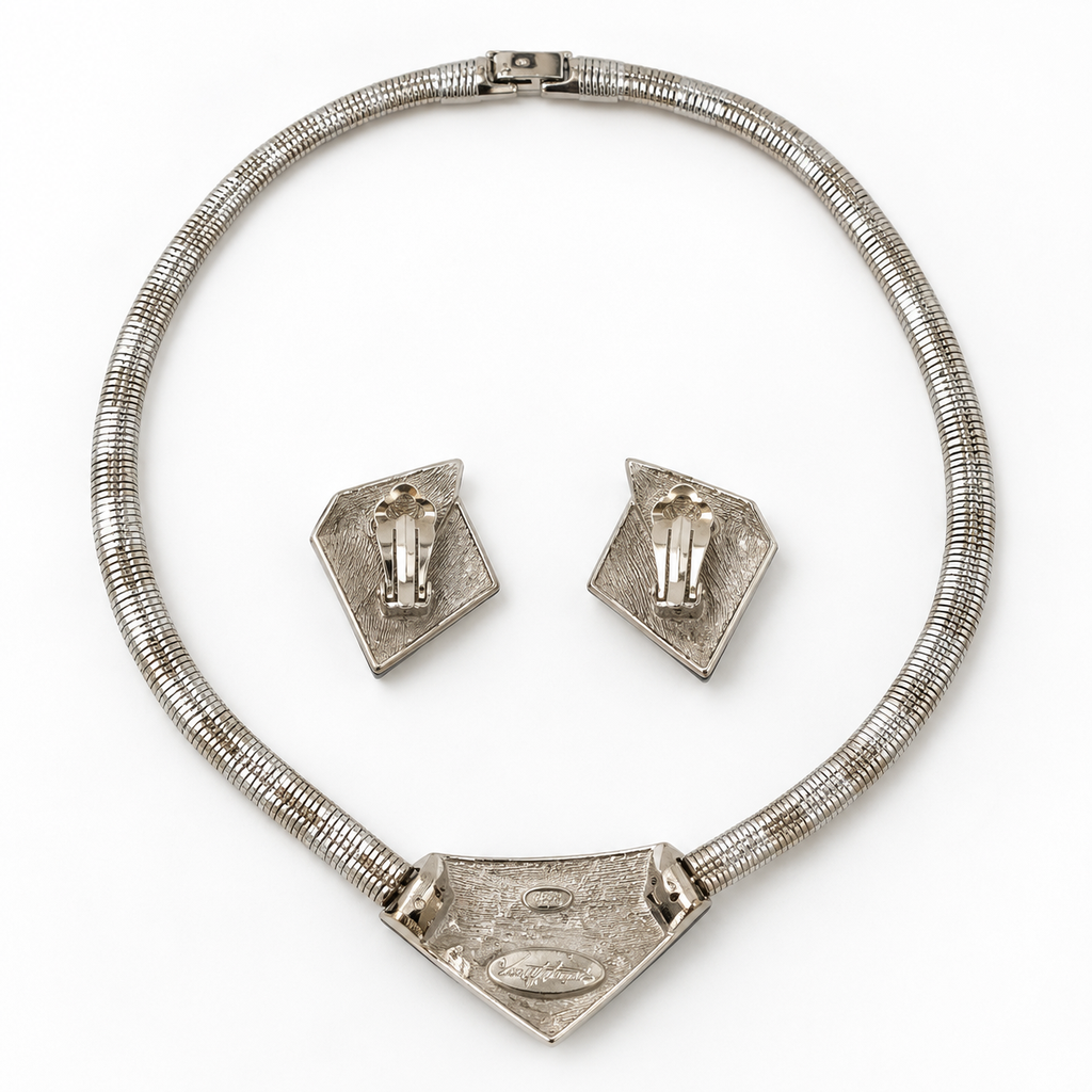 Trifari Kunio Matsumoto Vintage Black Enamel Necklace and Earrings Set, Silver, view 2