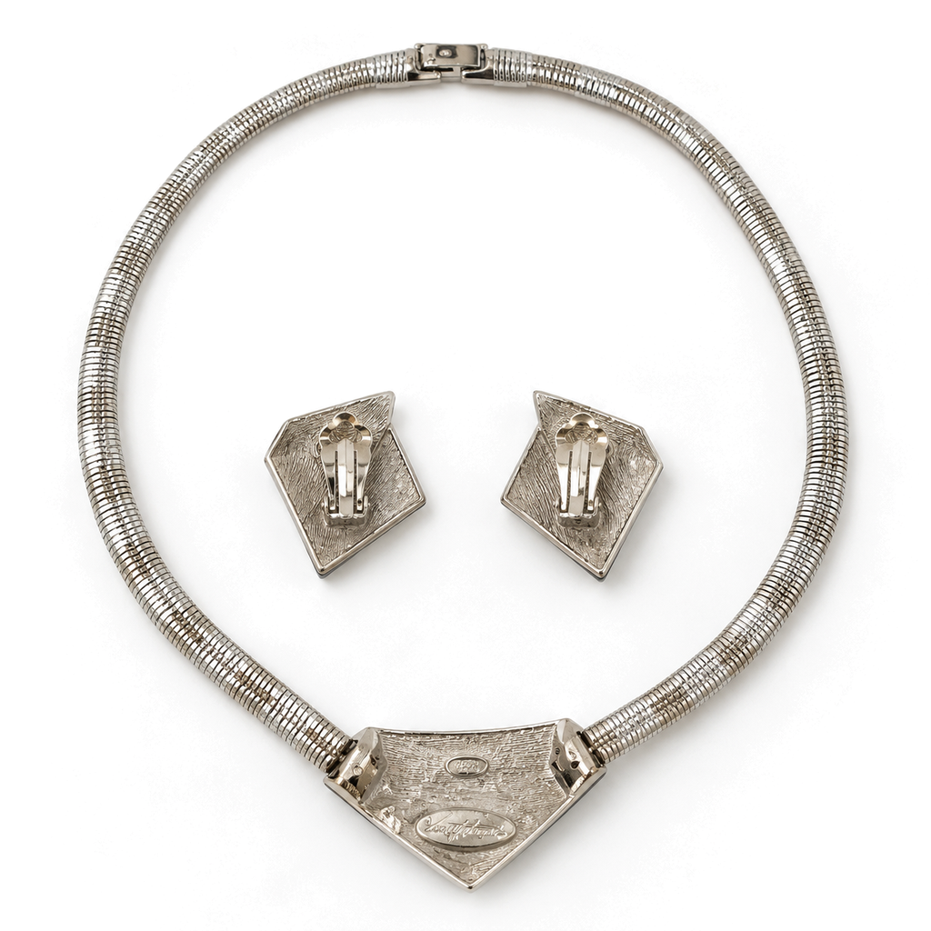Trifari Kunio Matsumoto Vintage Black Enamel Necklace and Earrings Set, Silver, view 2