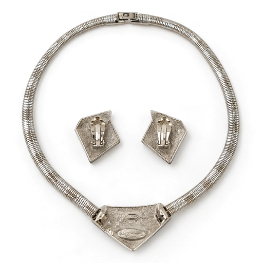 Trifari Kunio Matsumoto Vintage Black Enamel Necklace and Earrings Set, Silver, view 2